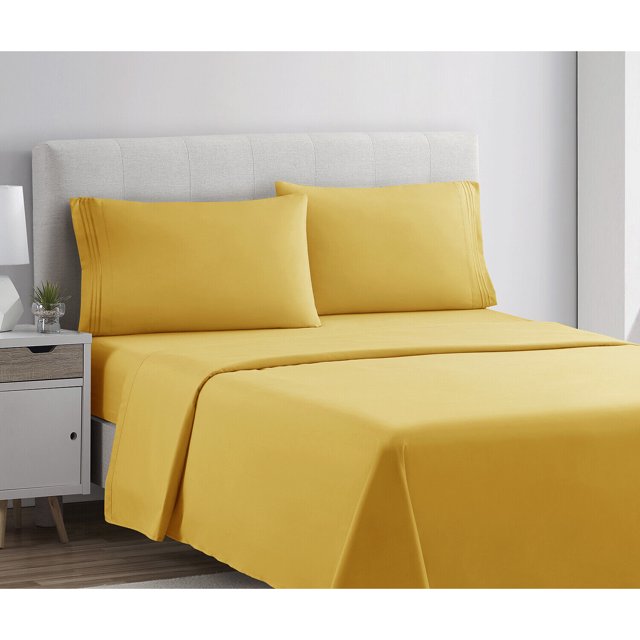 Yellow Gold Bed Sheets Set (4PC) Fitted Flat Shams Deep Pocket Full