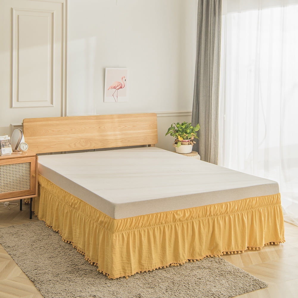 Yellow Bed Skirt Cute Pom Pom for Queen Size Bed Fitted with Adjustable