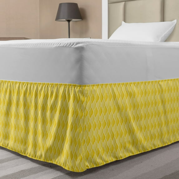 Yellow Bed Skirt, Moroccan Trellis Pattern in Yellow Tones Vintage Eastern Pattern, Elastic Bedskirt Dust Ruffle Wrap Around for Bedding Decor, 4 Sizes, Mustard Yellow White, by Ambesonne