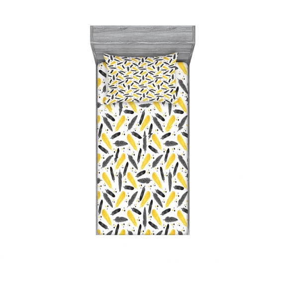 Yellow Bedding Set with Sheet & Covers, Bird Feathers Patterns with Polka Dots Exotic Style Tribal Design Animal Print, Printed Bedroom Decor 2 Shams, 4 Sizes, Yellow Black, by Ambesonne