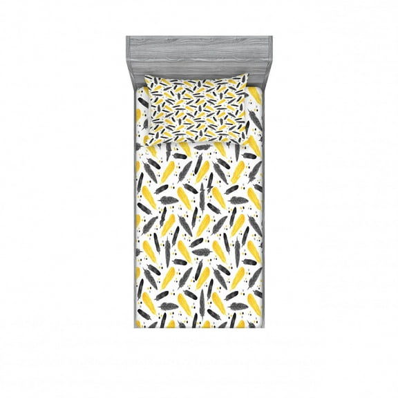 Yellow Bedding Set with Sheet & Covers, Bird Feathers Patterns with Polka Dots Exotic Style Tribal Design Animal Print, Printed Bedroom Decor 2 Shams, 4 Sizes, Yellow Black, by Ambesonne