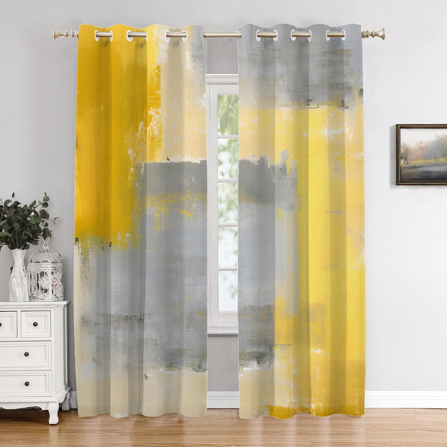 Yellow Bedroom Blackout Curtains, Yellow Cafe Curtains Gray Window Curtain Mustard Yellow Blackout Polyester Grommet Window Treatment Drapes for Living Room 42"W x 84"L (Pack of 2)