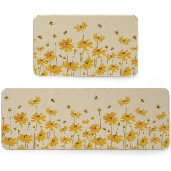 Yellow Bee Daisy Summer Kitchen Mats Set of 2Seasonal Holiday Party Mat for Floor,Home Decor Kitchen Rugs - 17x29 and 17x47 Inch- AKM057