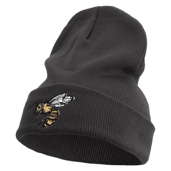 Yellow Bee Embroidered 12 Inch Long Knitted Beanie - Heather Charcoal OSFM