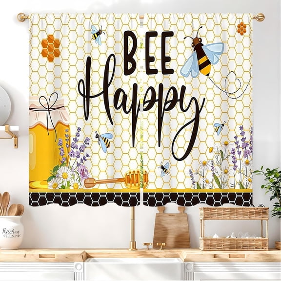 Yellow Bee Farmhouse Kitchen Curtains 27.5W X 39L Inch 2 Panels Yellow Black Bumble Bee Happy Honey Flower Small Short Cafe Tier Window Curtain Daisy Window Drape Treatment Kitchen Decor