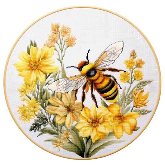 Yellow Bee and Flowers Round Shape Stamped Cross Stitch Kits for Beginners Easy with Hoop 11CT Needlepoint Embroidery DIY Counted Cross Stitch Kits Art Craft Wall Decor 35x35cm(4)