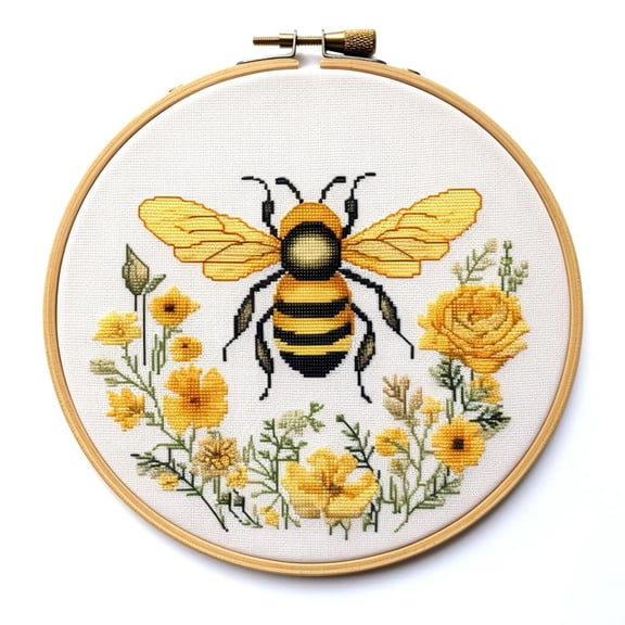 Yellow Bee and Flowers Round Shape Stamped Cross Stitch Kits for Beginners Easy with Hoop 11CT Needlepoint Embroidery DIY Counted Cross Stitch Kits Art Craft Wall Decor 35x35cm(3)