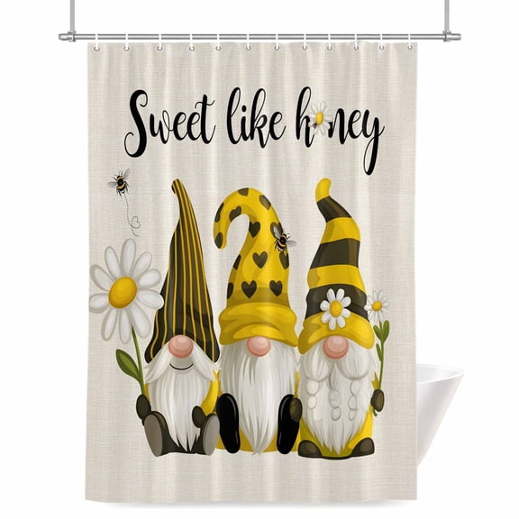 Yellow Bee Gnomes Shower Curtain, Sweet like Honey Daisy Farm Linen Pastoral Waterproof Shower Curtain Set with 12 Hooks Lightweight Bath Curtains Fabric Bathroom Decor 72x72 Inches