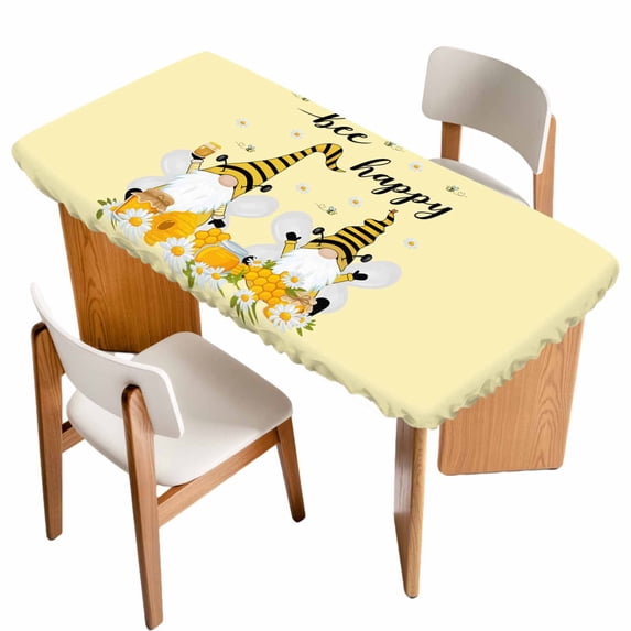 Yellow Bee Gnomes Table Cloths for 5 Foot Rectangle Tables, Spring Floral Daisy Farmhouse Patio Waterproof Elastic Fitted Tablecloths, Washable Rectangular Table Cover for Camping