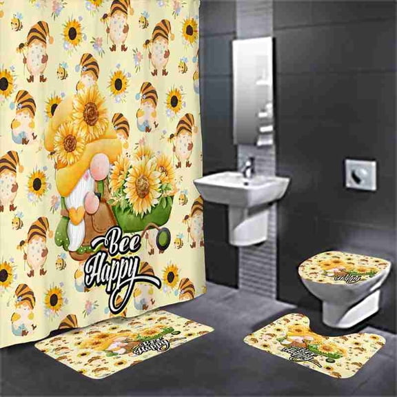 Yellow Bee Happy Gnome with Sunflowers and Wheelbarrow 4-Piece Shower Curtain Set with Bath Mats and Toilet Lid Cover for Bathroom Decor
