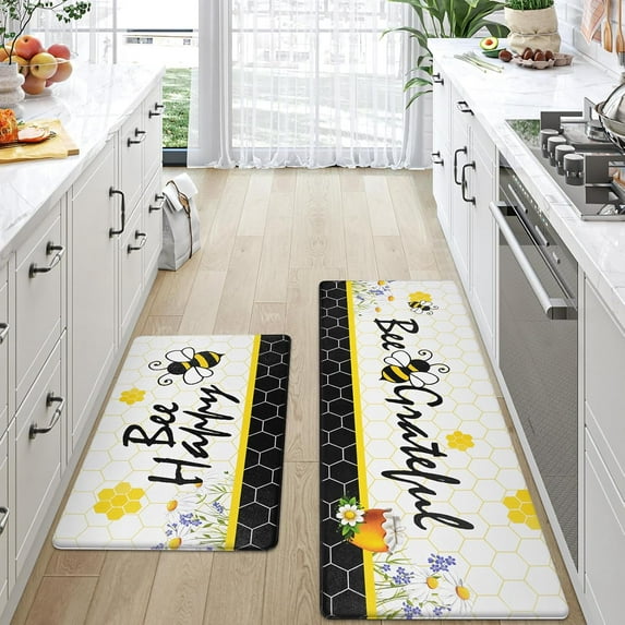 Yellow Bee Kitchen Mat Anti Fatigue, Bee Happy Kitchen Rugs Sets of 2, Memory Foam Kitchen Mats for Floor Non Skid, Kitchen Floor Comfort Mats for Sink/Home/Office, 17'''' x 48''''+17'''' x 30''''