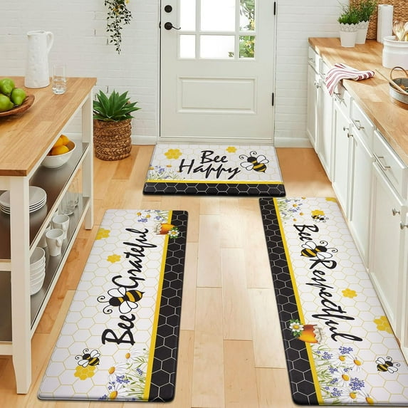 Yellow Bee Kitchen Mats for Floor Sets of 3, Bee Happy Kitchen Floor Mats Cushioned Anti Fatigue, Kitchen Rugs Non Slip for Sink/Home/Office/Hallway