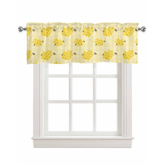 Yellow Bee Linen Curtain Valance for Bedroom/Bathroom/Kitchen/Office/Living/Dining Room Window,Honey Floral Flower Spring Summer Geometric Pocket Topper Drapes Decorative Cafe Drapery Panel 42"x18"