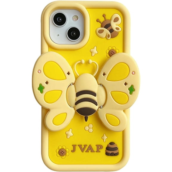Yellow Bee Phone Case Compatible with iPhone 15 Pro, Cute 3D Korea Dopamine Cartoon Bee Case with Bee Yellow Wings Folding Stand Shockproof Silicone Soft Case-02