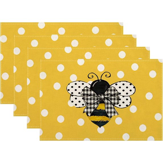 Yellow Bee Placemats 12x18 Inch Set of 4, Polka Dots Yellow Table Place Mat Summer Seasonal Washable Table Mats Decorative Linen Fabric Table Mat for Dining Table