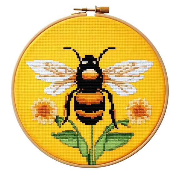 Yellow Bee and Sunflower 11CT Stamped Cross Stitch Kits Easy for Beginners Child with Hoop DIY Needlepoint Counted Embroidery Kits Art Craft Wall Decor 12x12IN(1)