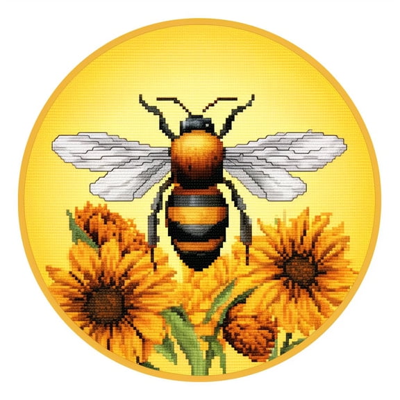 Yellow Bee and Sunflower Stamped Cross Stitch Kits for Beginners Easy with Hoop 11CT Needlepoint Embroidery DIY Counted Cross Stitch Kits Art Craft Wall Decor 35x35cm(1)