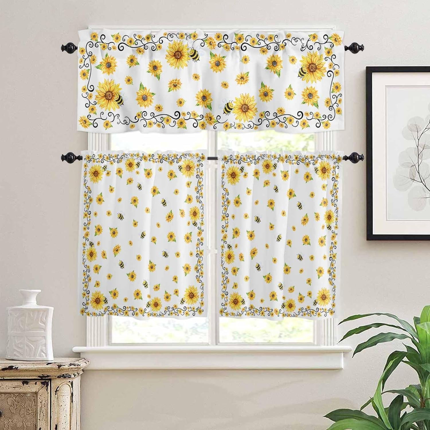 Yellow Bee Sunflower Summer 3-Piece Kitchen Curtain Set, Rod Pocket ...