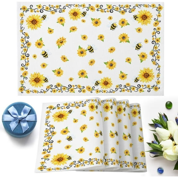 Yellow Bee Sunflower Summer Placemats Set of 6 Washable Table Mats for Kitchen Dining Table, Heat-Resistant Cotton Linen Place Mats for Indoor Outdoor Parties Holiday Decoration, Seasonal Spring