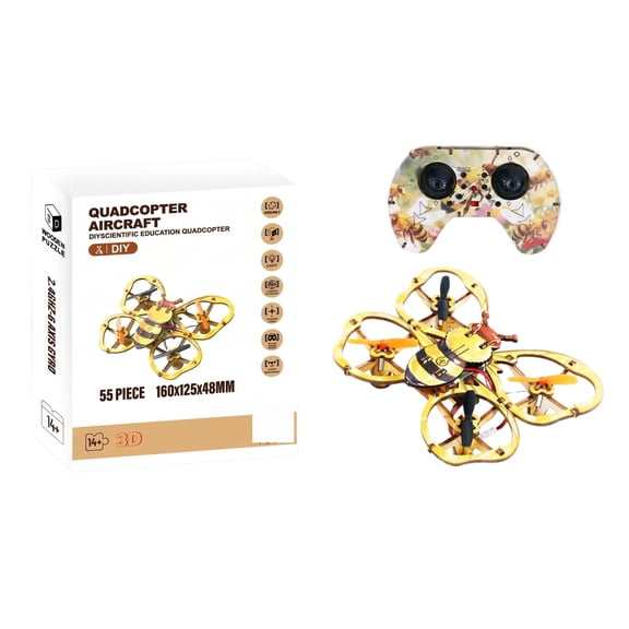 Yellow Bee Wooden DIY Aircraft Puzzle Craft Kit, Quadcopter Drone Model Building Set, STEM Toy for Kids Outdoor Flying Play Gift, 1 Pack