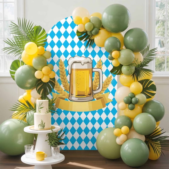 Yellow Beer Mugs Arch Backdrop Cover, 6.6FT, Golden Beer Wheat White Blue Rhombus Plaid Spandex Arch Covers Double-Sided Backdrop for Wedding Birthday Party Photo Background Decoration