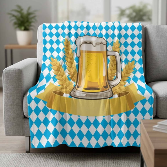 Yellow Beer Mugs Fleece Throw Blanket Golden Beer Wheat White Blue Rhombus Plaid Ultra Soft Fuzzy Cozy Flannel Throw Blanket for Couch Sofa Bed Car Travel, Ideal Gifts 40x50 Inches