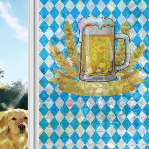 Yellow Beer Mugs Rainbow Window Privacy Film, Golden Beer Wheat White Blue Rhombus Plaid Stained Glass Window Film, Sun Blocking Static Cling Non Adhesive Door Stickers 19.6 x 39.3 Inches