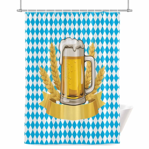 Yellow Beer Mugs Shower Curtain, Golden Beer Wheat White Blue Rhombus Plaid Waterproof Shower Curtain Set with 12 Hooks Lightweight Bath Curtains Fabric Bathroom Decor 36x72 Inches