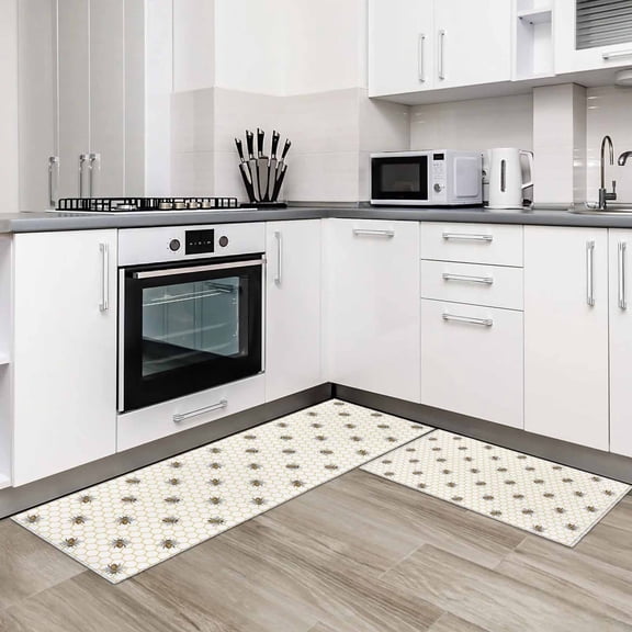 Yellow Bees 2 Pieces Non-Slip Kitchen Mat Set Honeybee Geometric Hive Simple Pastoral Soft Door Mat with Rubber Backing,Dirtproof Rugs for Entrance Doorway 23.6x35.4in+23.6x70.9in