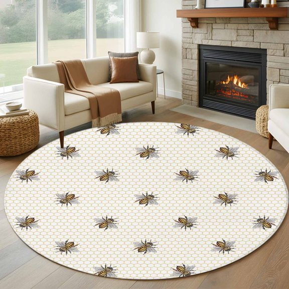 Yellow Bees 8' Round Area Rug, Honeybee Geometric Hive Simple Pastoral Washable Non-Slip Large Circle Rugs for Living Room Bedroom, Soft Low Pile Rug Carpet for Dining Room Kitchen Farmhouse