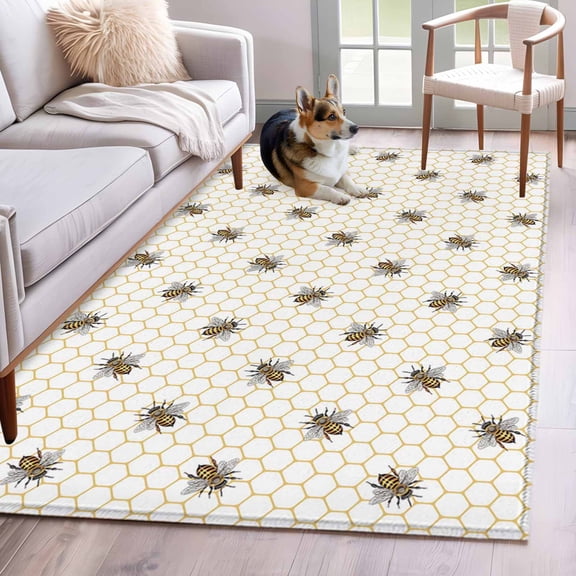 Yellow Bees Area Rug 4x6 Washable Rug Non Slip Honeybee Geometric Hive Simple Pastoral Large Area Rug Indoor Floor Carpet for Entryway Bedroom Kitchen Living Room Home Office Dining Room Nursery