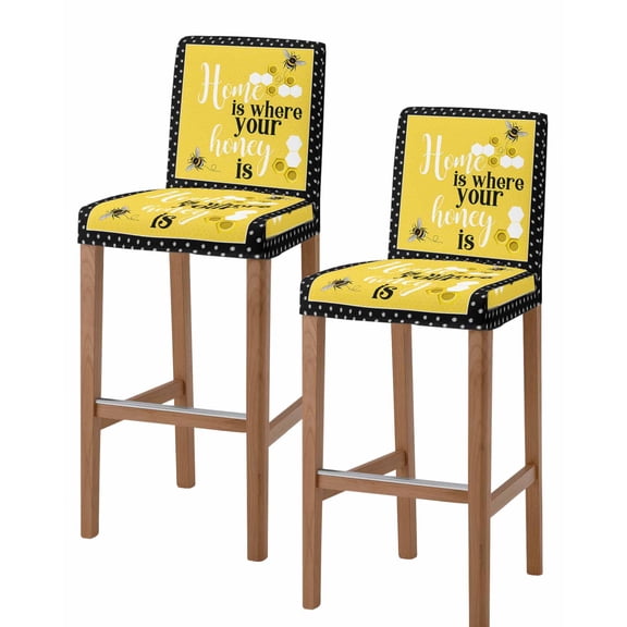 Yellow Bees Bar Stool Covers Set of 2, Spring Summer Watercolor Honey Textured Stretch Washable Bar Chair Covers with Backs, Removable Pub Counter Height Chair Cover for Kitchen Dining Room Cafe
