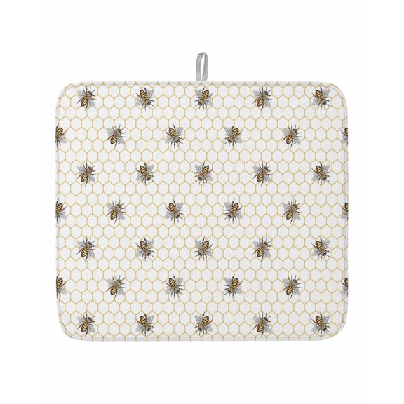 Yellow Bees Dish Drying Mat for Kitchen Counter,Honeybee Geometric Hive Simple Pastoral Dish Mat Drying Kitchen Mat for Sink Fridge Drawer Absorbent Dishes Drainer Mats Drying Pad 1pcs 16"x18"
