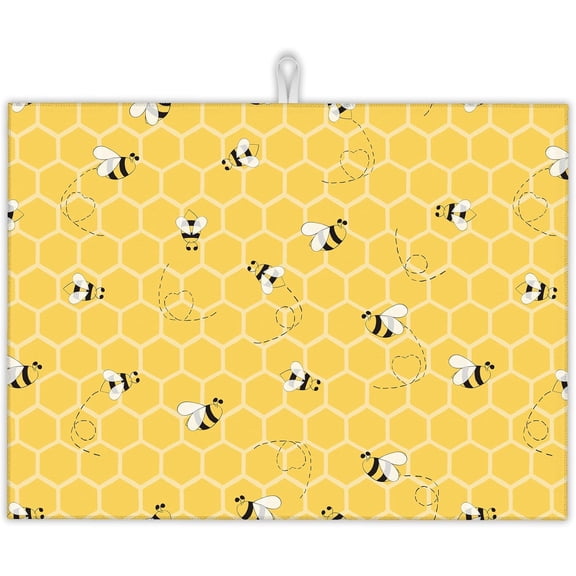 Yellow Bees Dish Drying Rack Mats Decor,Honey Honeycombs Dish Pad Drying Mat Kitchen Counter 18x24 Inch Absorbent Reversible Microfiber for Coffee Bar Sink Countertop