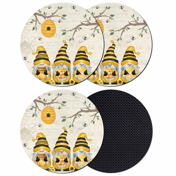 Yellow Bees Gnomes Coasters Set of 4, Absorbent Coasters for Drinks, Spring Floral Branches Sunflower Coaster for Desk Coffee Table Protection, Home Decor House Warming Gifts 4"