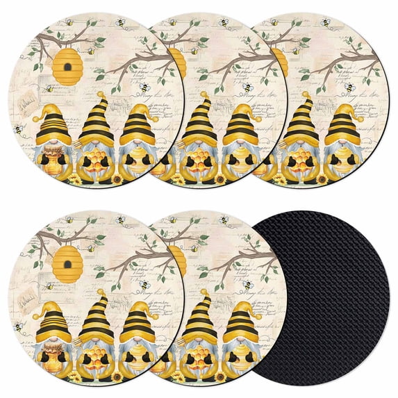 Yellow Bees Gnomes Coasters Set of 6, Absorbent Coasters for Drinks, Spring Floral Branches Pastoral Coaster for Desk Coffee Table Protection, Home Decor House Warming Gifts 4"