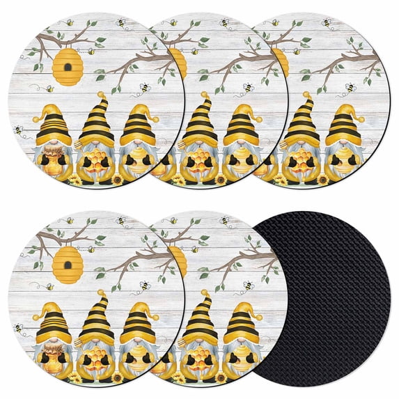 Yellow Bees Gnomes Coasters Set of 6, Absorbent Coasters for Drinks, Spring Floral Branches Wooden Coaster for Desk Coffee Table Protection, Home Decor House Warming Gifts 4"