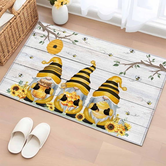 Yellow Bees Gnomes Entryway Rug 2'x3' Non Slip Front Door Mats, Spring Floral Branches Wooden Entrance Rugs Indoor Outdoor Carpet, Washable Floor Mats Small Area Rug for Bedroom Kitchen