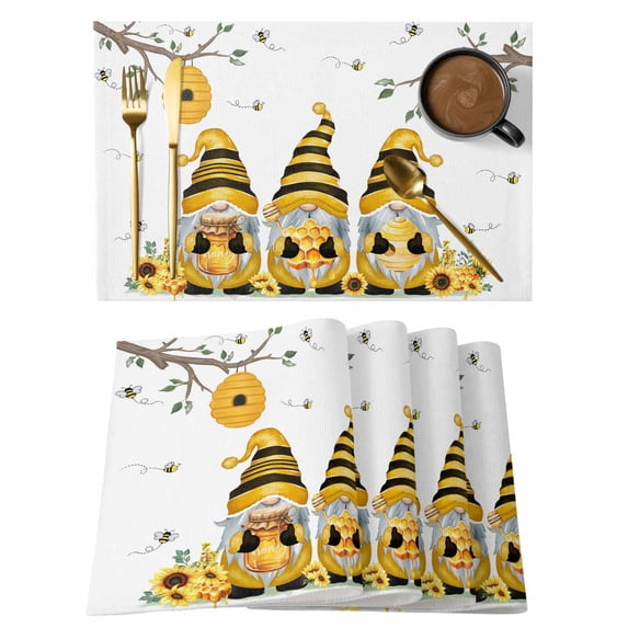 Yellow Bees Gnomes Placemats Set of 4, Spring Floral Branches Modern Art Placemats for Dining Table, Place Mats for Kitchen Tabletop, Waterproof Wipeable Dining Table Mats Set