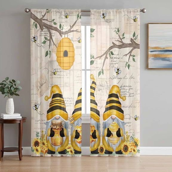 Yellow Bees Gnomes Sheer Curtains 96 Inch Length 2 Panels Set Window Treatments, Spring Floral Branches Pastoral Rod Pocket Semi Curtains for Living Room/Bedroom/Kitchen Décor, 104"W x 96"L