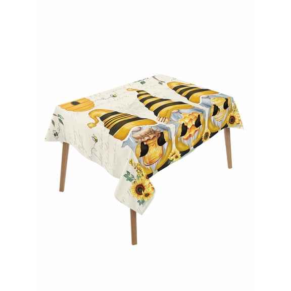 Yellow Bees Gnomes Table Cloth, Waterproof Tablecloth for Rectangle Tables, Spring Floral Branches Sunflower Reusable Washable Fabric Table Cover for Restaurant Kitchen Dining Tables 60"x84"