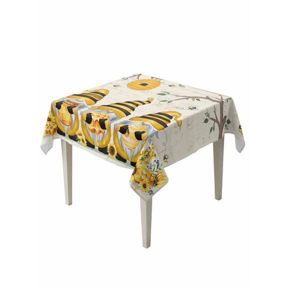 Yellow Bees Gnomes Table Cloth, Waterproof Tablecloth for Square Tables, Spring Floral Branches Sunflower Reusable Washable Fabric Table Cover for Restaurant Kitchen Dining Tables 60"x60"