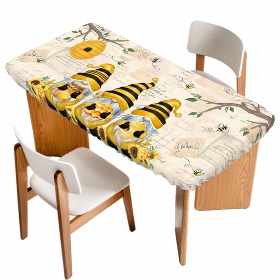 Yellow Bees Gnomes Table Cloths for 4 Foot Rectangle Tables, Spring Floral Branches Pastoral Patio Waterproof Elastic Fitted Tablecloths, Washable Rectangular Table Cover for Camping