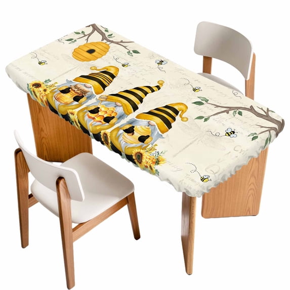 Yellow Bees Gnomes Table Cloths for 5 Foot Rectangle Tables, Spring Floral Branches Sunflower Patio Waterproof Elastic Fitted Tablecloths, Washable Rectangular Table Cover for Camping
