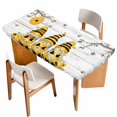 thumbnail image 1 of Yellow Bees Gnomes Table Cloths for 6 Foot Rectangle Tables, Spring Floral Branches Wooden Patio Waterproof Elastic Fitted Tablecloths, Washable Rectangular Table Cover for Camping, 1 of 8