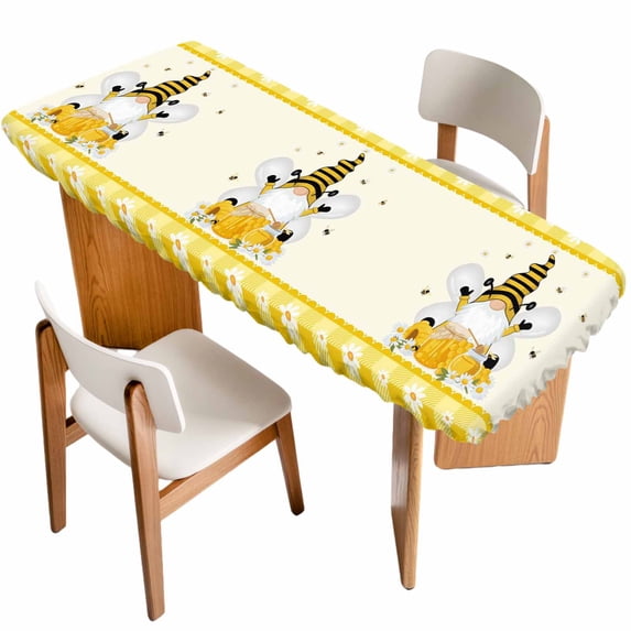 Yellow Bees Gnomes Table Cloths for 8 Foot Rectangle Tables, Farmhouse Spring Floral Checkered Patio Waterproof Elastic Fitted Tablecloths, Washable Rectangular Table Cover for Camping