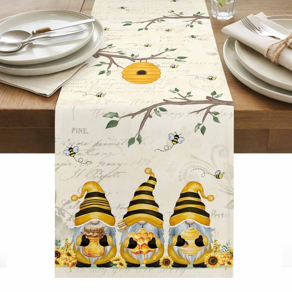 Yellow Bees Gnomes Table Runner - 108 Inch Long, Kitchen Dining Table Runner Dresser Scarves, Spring Floral Branches Sunflower Farmhouse Decor for Coffee Tables Wedding Party Banquet