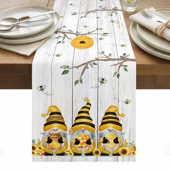 Yellow Bees Gnomes Table Runner - 108 Inch Long, Kitchen Dining Table Runner Dresser Scarves, Spring Floral Branches Wooden Farmhouse Decor for Coffee Tables Wedding Party Banquet