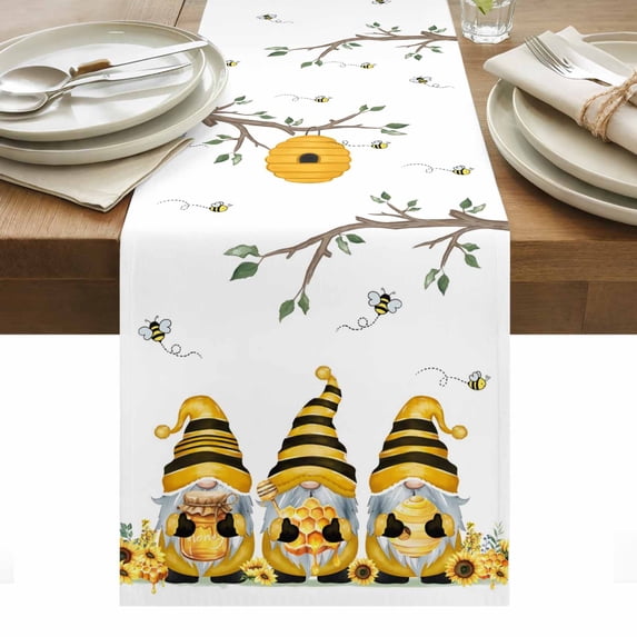 Yellow Bees Gnomes Table Runner - 120 Inch Long, Kitchen Dining Table Runner Dresser Scarves, Spring Floral Branches Modern Art Farmhouse Decor for Coffee Tables Wedding Party Banquet