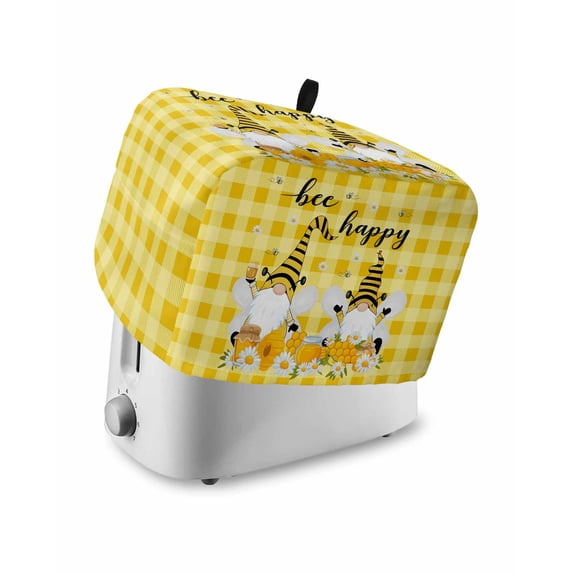 Yellow Bees Gnomes Toaster Cover 2 Slice, Small Kitchen Appliance Covers, Spring Floral Plaid Farmhouse Toaster Oven Cover with Loop, Bread Machine Cover Polyester Dust Cover Protection